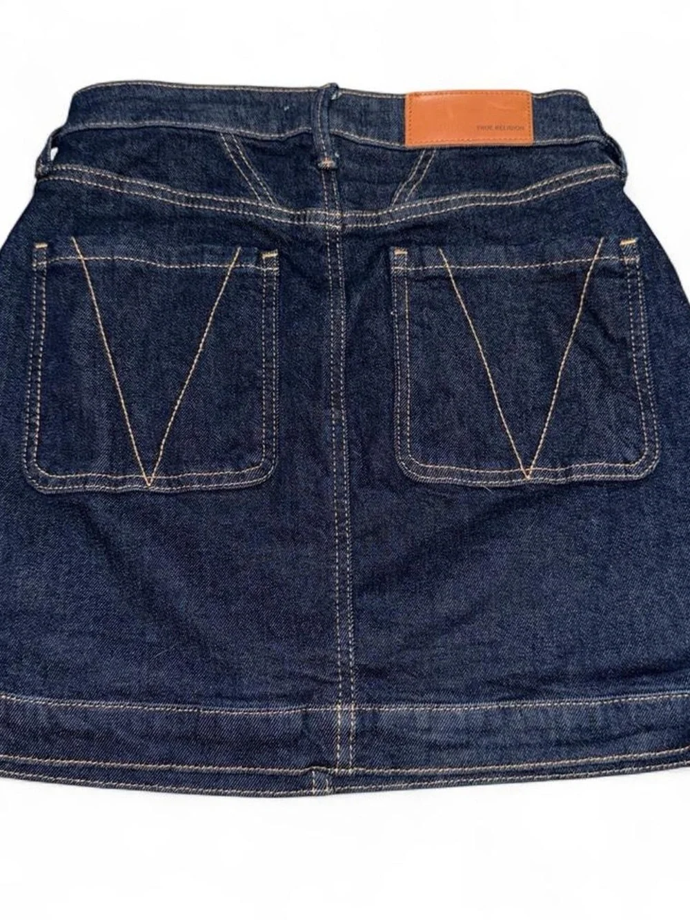 True Religion Dark Blue Denim Pencil Skirt with Contrast Stitching